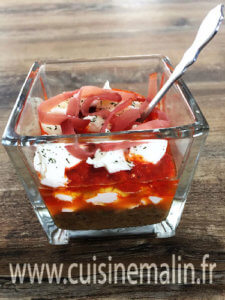 Verrine Caviar d'aubergine, crème de poivron et ricotta par Cuisine Malin